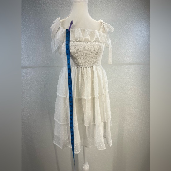 Square Neck Puff Sleeves Ruffle Midi Dress Boho Swiss Dot Tie Back Smocked Dress - Picture 12 of 17